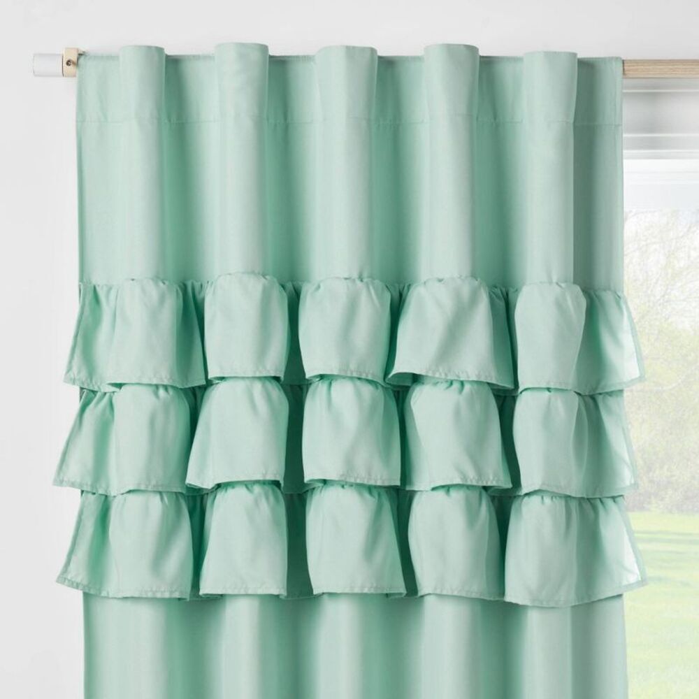 Open Box - Pillowfort - 42"W x 84"L Ruffle Kids' Blackout Window Curtain P Green